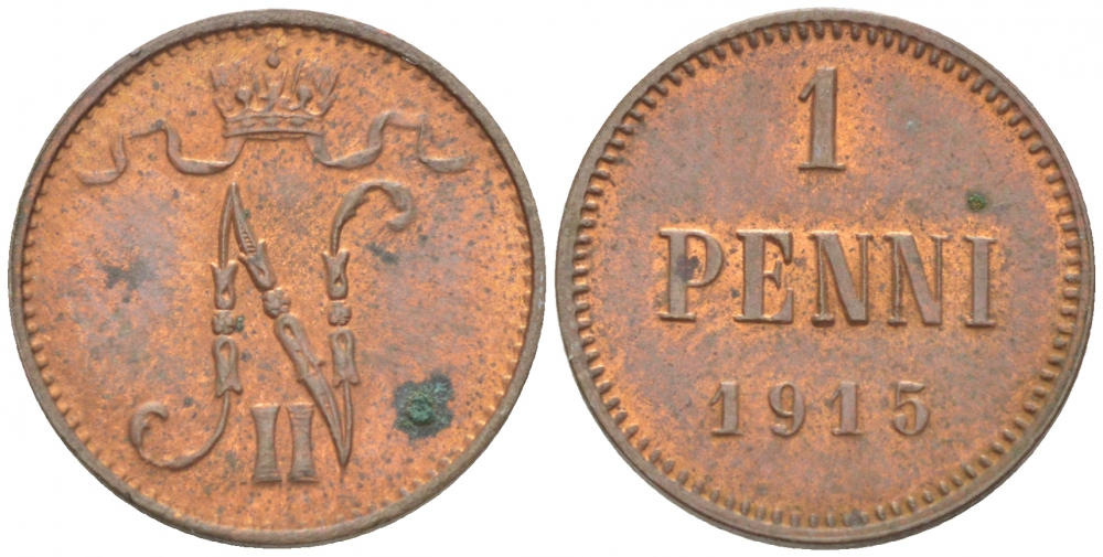 РОССИЯ ДЛЯ ФИНЛЯНДИИ 1 ПЕННИ 1915 НИКОЛАЙ II KM 13, Биткин 475 медь 4396-1439