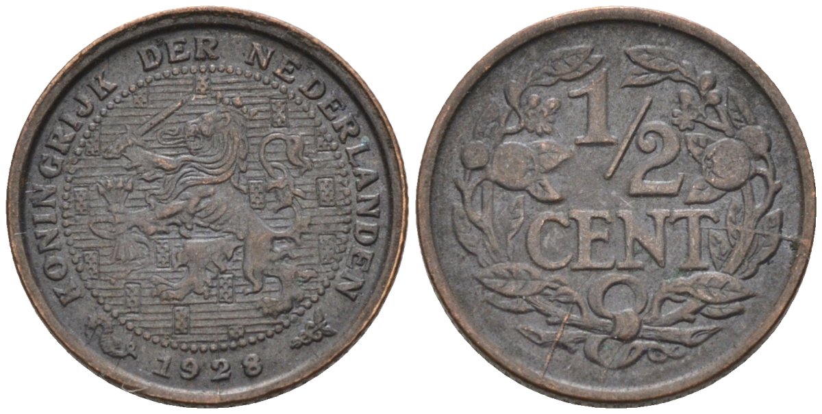 Нидерланды 1/2 цента 1928 Вильгельмина (1890-1948) KM 138 бронза 4576-518