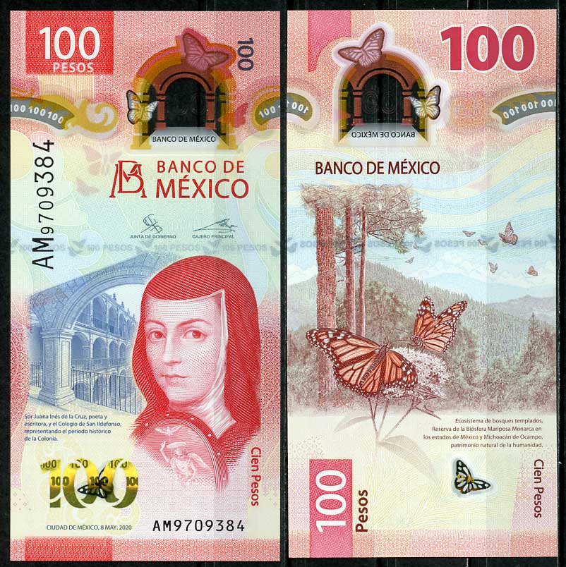 Мексика 100 песо 2020 Хуана Инес де ла Крус, бабочка махаон Pick NEW (5) пластик UNC (пресс) 447-65-3