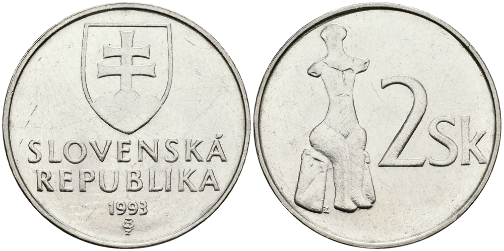 СЛОВАКИЯ 2 КРОНЫ 1993 KM 13 сталь плакированная никелем 540-725