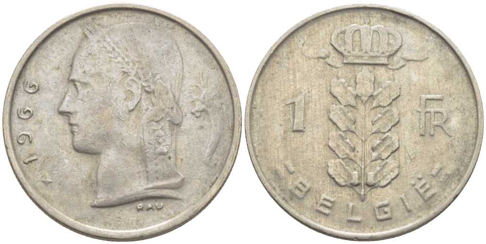 БЕЛЬГИЯ 1 ФРАНК 1966 BELGIE, БОДУЭН I (1951-1993) KM 143.1 медно-никель 119-613