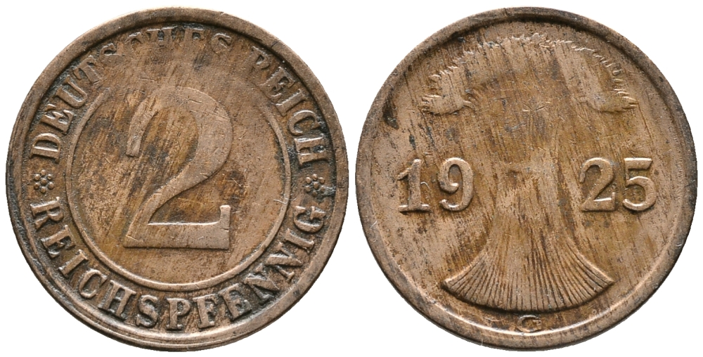 ГЕРМАНИЯ 2 РЕЙХСПФЕННИГА 1925 G KM 38, J. 314 бронза 24-736