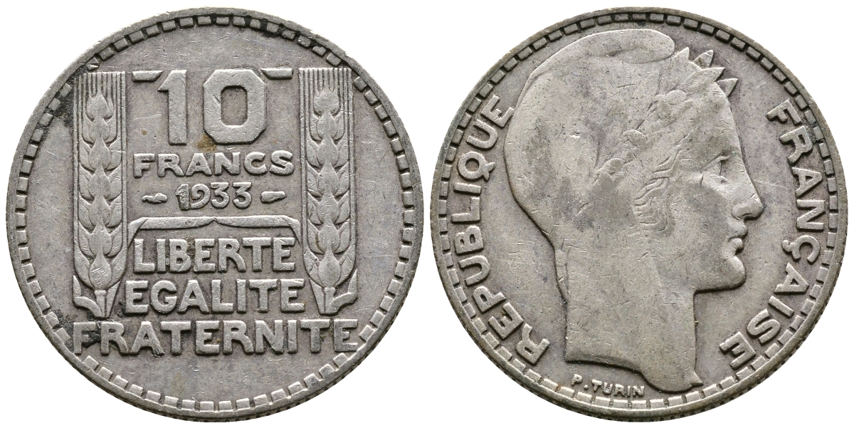 Франция 10 франков 1933 Пьер Тюрен KM 878, Le Franc 360.6 серебро 61-637