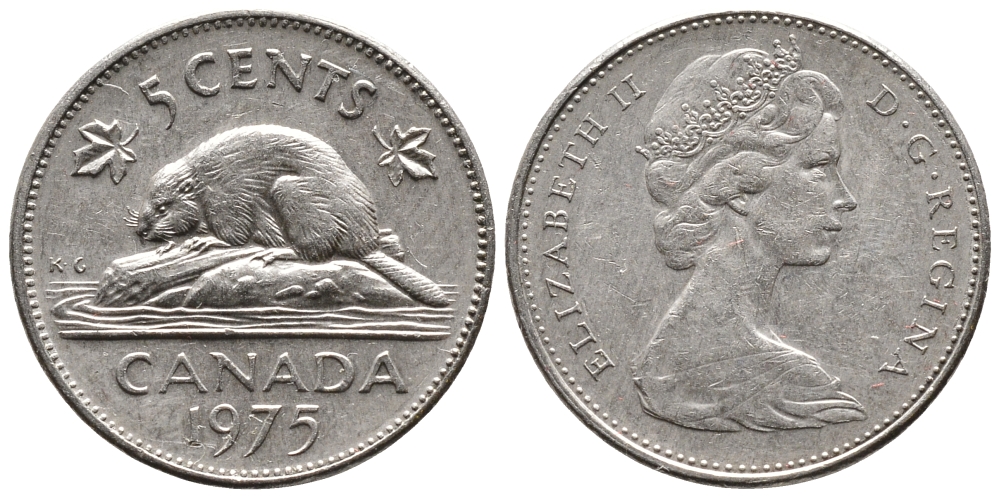 Канада 5 центов 1975 Елизавета II (1952-2022), бобр KM 60.1 никель 4364-127