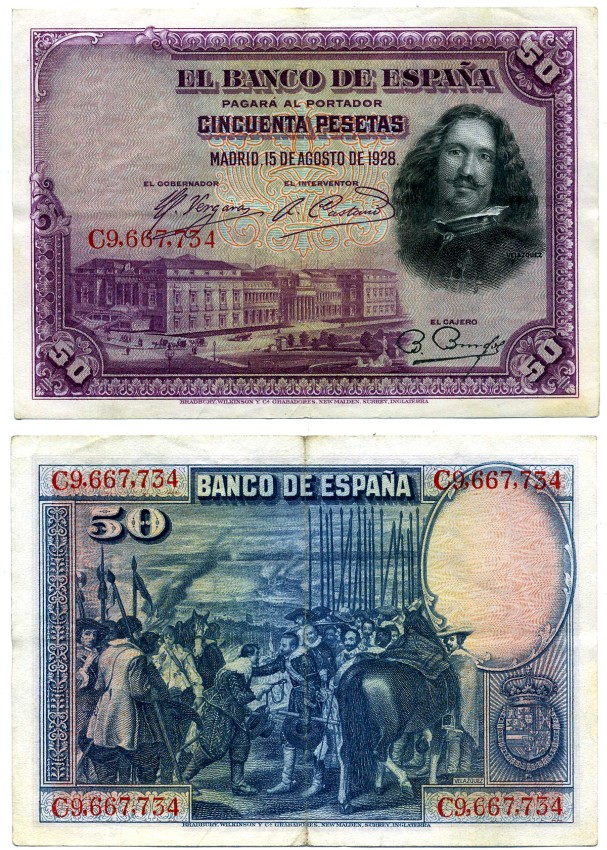 Испания 50 песет 1928 Диего Веласкес, музей Прадо в Мадриде, серия C Pick 75 b бумага 2192-2-2-2
