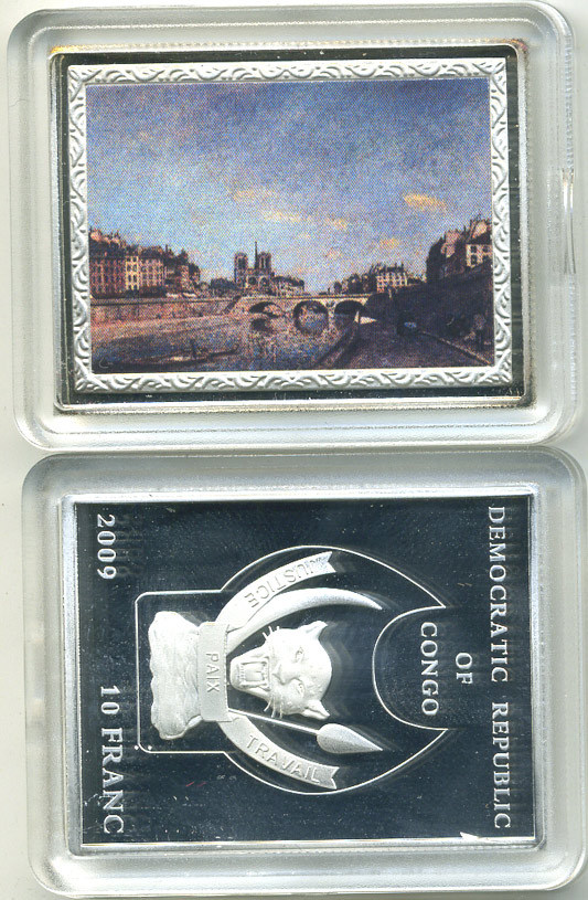 Конго 10 франков 2009 серия шедевры мировой живописи, ЯН БАРТОЛЬД ЙОНГКИНГ, НОТР-ДАМ, серебрение, размер 35Х46 мм., цветная эмаль медно-никель PROOF M43-9