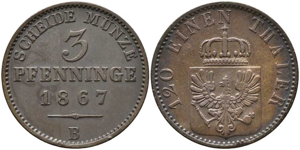 ПРУССИЯ 3 ПФЕННИГА 1867 В, ВИЛЬГЕЛЬМ I (1861-1888) KM 482 медь 4448-1151