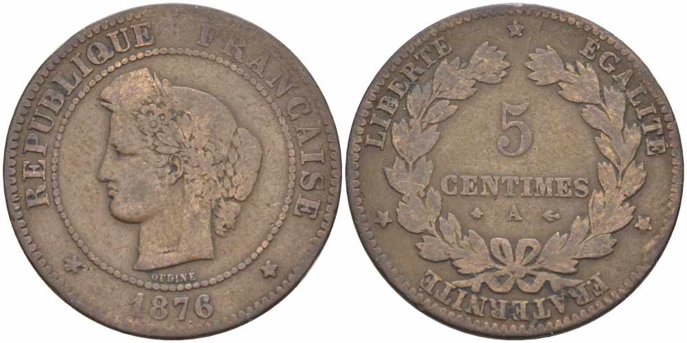 ФРАНЦИЯ 5 САНТИМОВ 1876 А, ТРЕТЬЯ РЕСПУБЛИКА (1871-1940) KM 821.1, LE FRANC 118.14 бронза 108-622