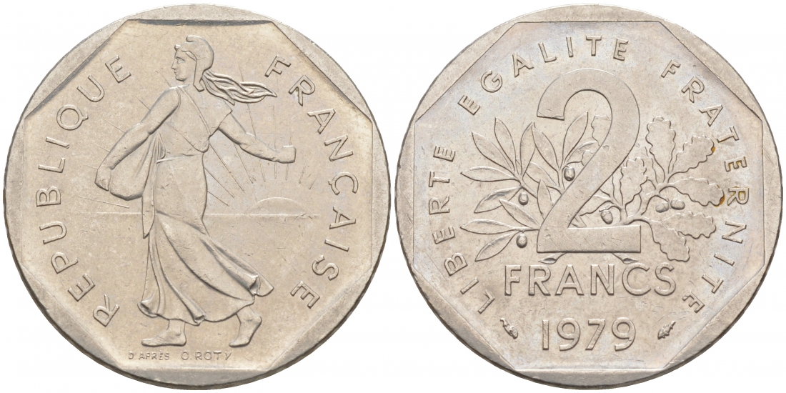 ФРАНЦИЯ 2 ФРАНКА 1979 СЕЯТЕЛЬ KM 942.1, LE FRANC 272.3 никель 3855-711