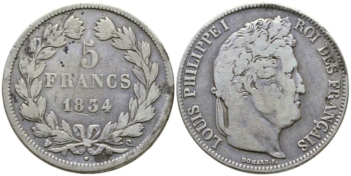Франция 5 франков 1834 Q, Луи Филипп I (1830-1848) KM 749.11 серебро 1066-6-41