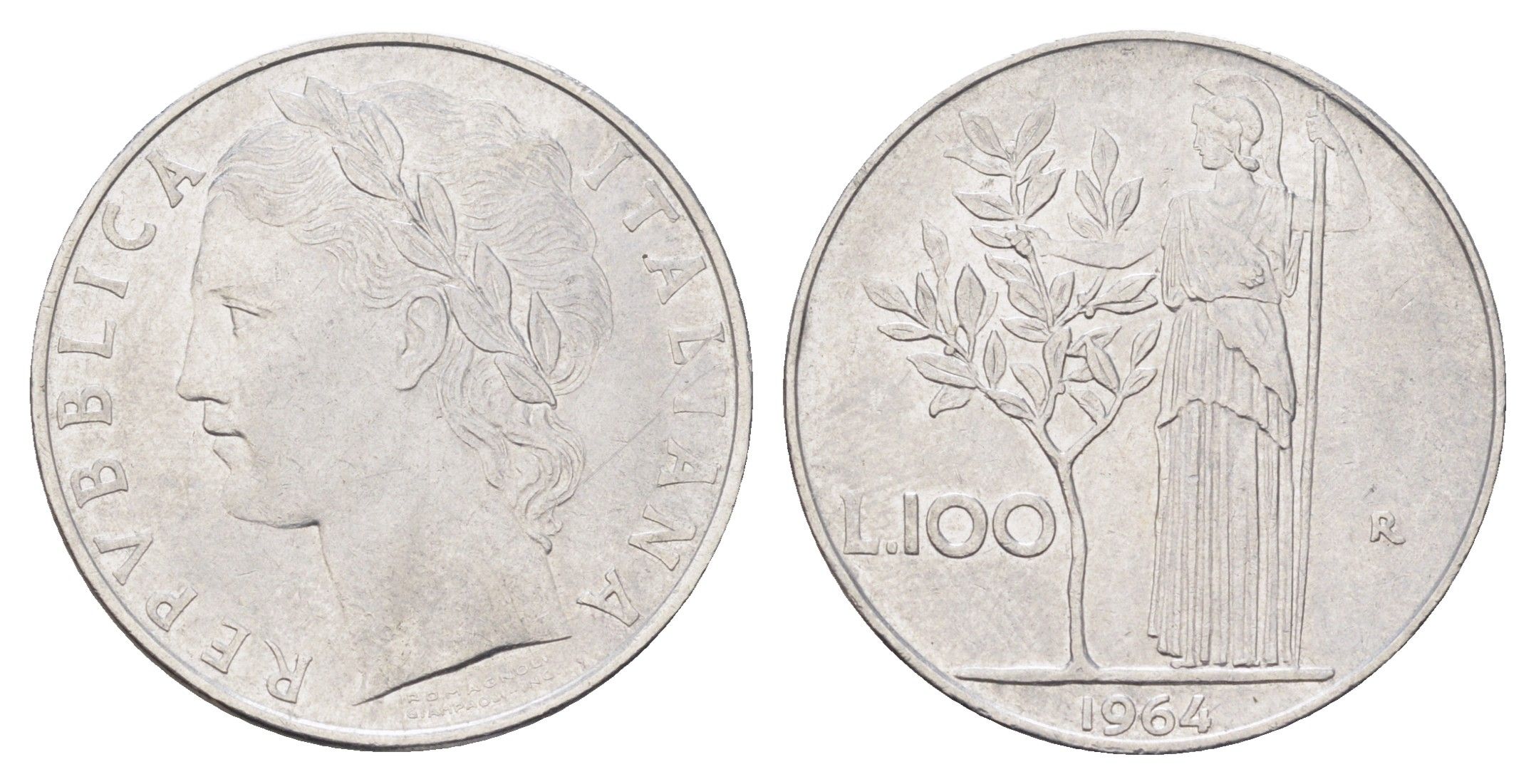Италия 100 лир 1964 R, Афина в доспехах KM 96.1 нержавеющая сталь 4704-712