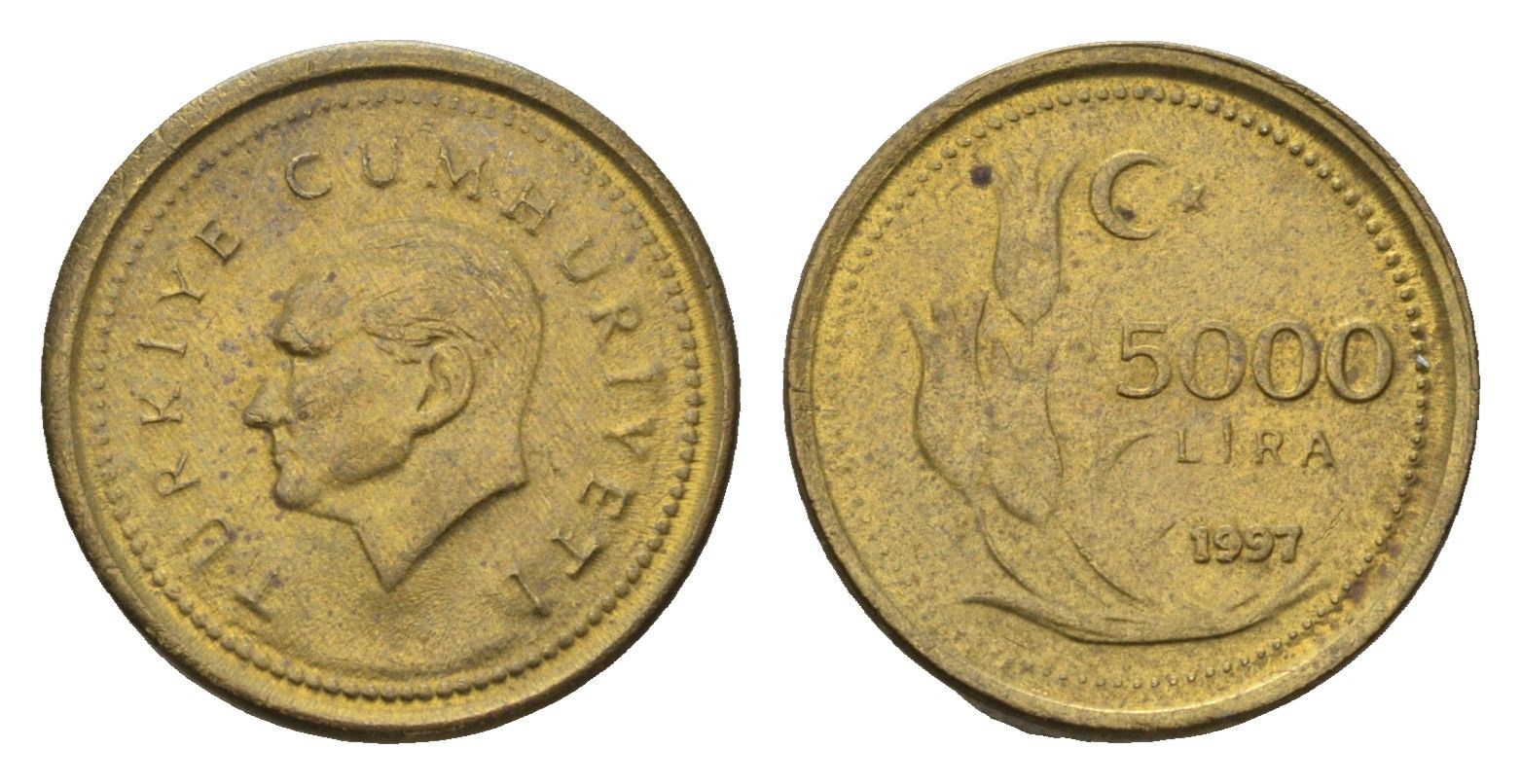 Турция 5000 лир 1997 Кемаль Ататюрк KM 1029.1 латунь UNC 4635-922
