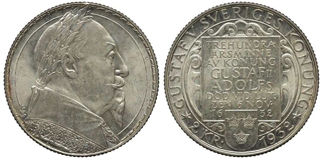Швеция 2 кроны 1932 G, Густав V, 300 лет со дня смерти Густава II Адольфа KM 805 серебро UNC 413-6032