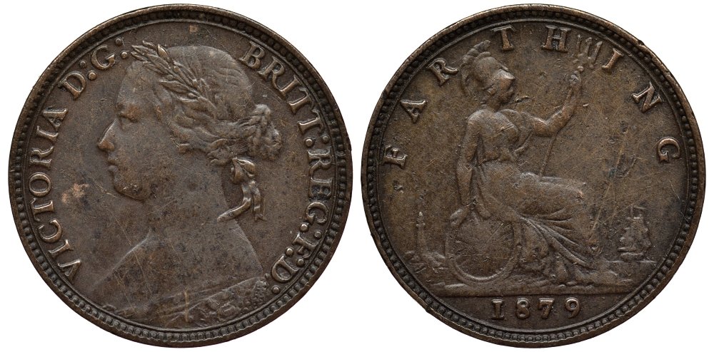 Великобритания 1 фартинг 1879 Виктория (1837-1901) KM 753, Spink 3958 бронза 99-1156