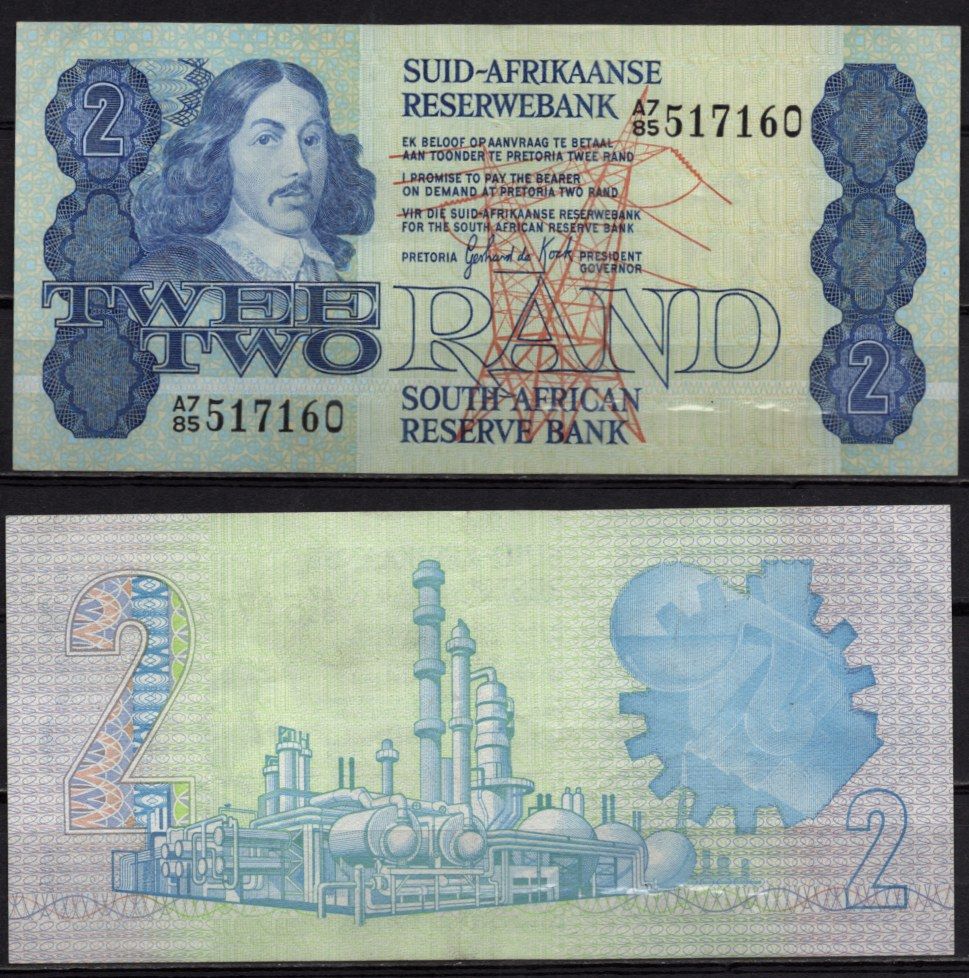 ЮАР 2 ранда ND (1978-1980) Портрет мужчины, предположительно Бартоломеуса Вермейдена (1616/17–1650), на обратной стороне: производственные комплексы Sasol. Pick 118 a бумага 8518-6-2-1