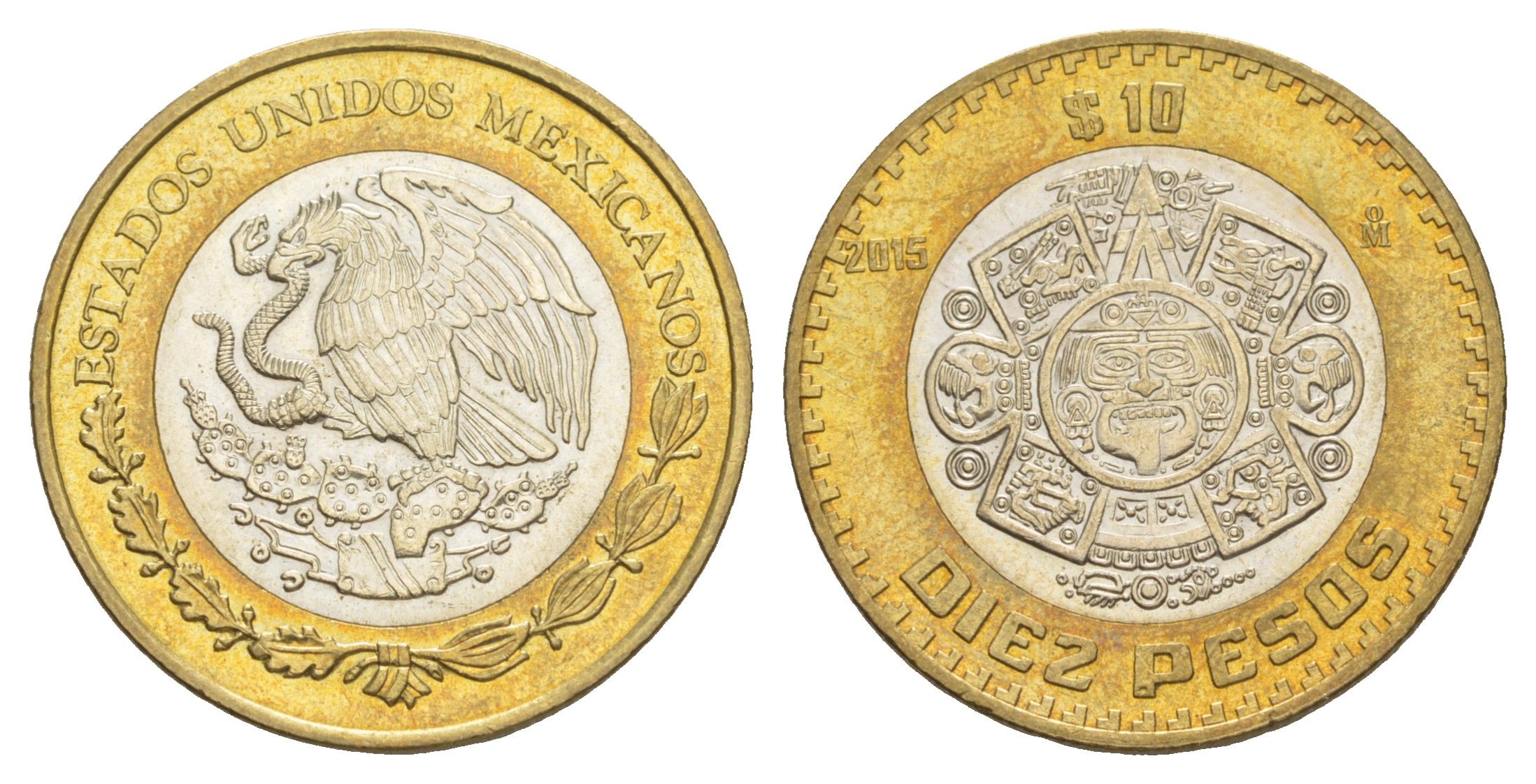 Мексика 10 песо 2015 Мо, бог Тонатиуха с огненной маской KM 616 биметалл UNC 4637-736