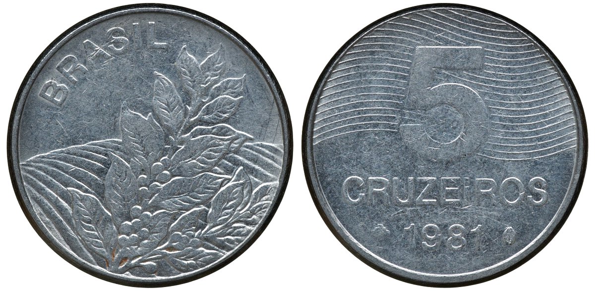 БРАЗИЛИЯ 5 КРУЗЕЙРО 1981 КОФЕ KM 591 сталь aUNC 72-831