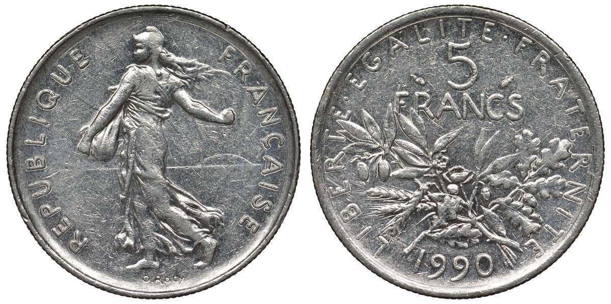 Франция 5 франков 1990 сеятель KM 926а.1, Le Franc 341.22 никель плакированный медно-никелем 4123-515