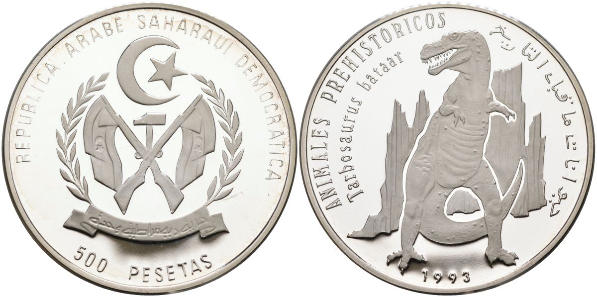 Западная Сахара 500 песет 1993 серия доисторические живоные, тарбозавр батаар KM 12 серебро PROOF 00-000-00