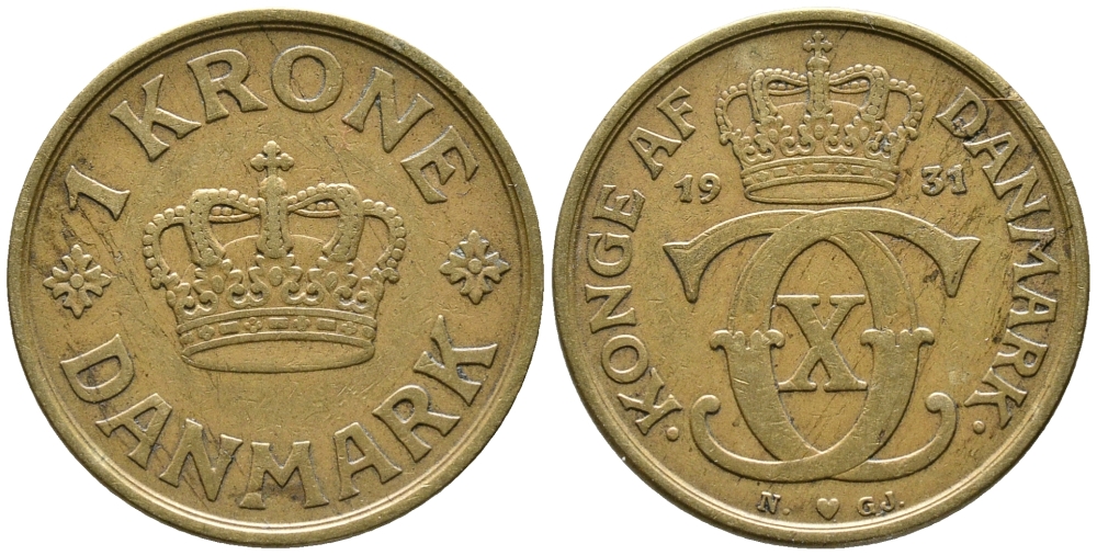 ДАНИЯ 1 КРОНА 1931 N; GJ, КРИСТИАН X (1912-1947) KM 824.2 алюминиевая бронза 32-311