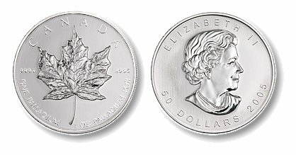 Канада 50 долларов 2005 кленовый лист, запайка палладий UNC 10-005-06