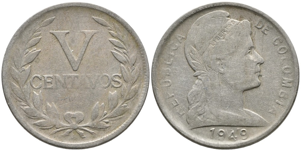 КОЛУМБИЯ 5 СЕНТАВО 1949 В KM 199 медно-никель 4532-216