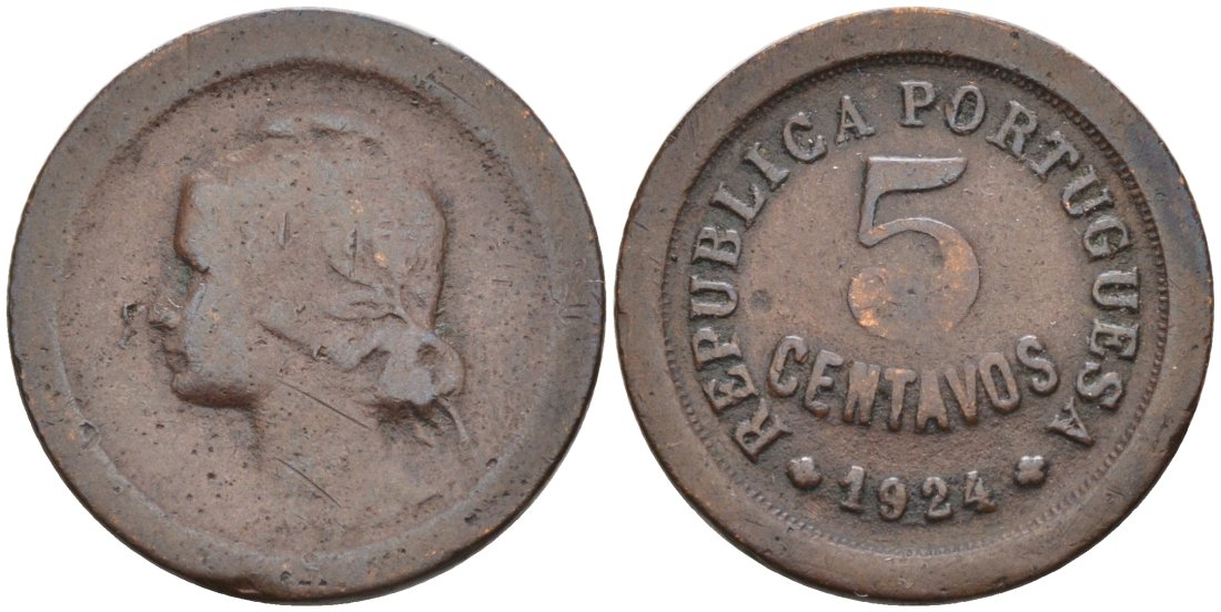 Португалия 5 сентаво 1924 KM 572 бронза 4567-425