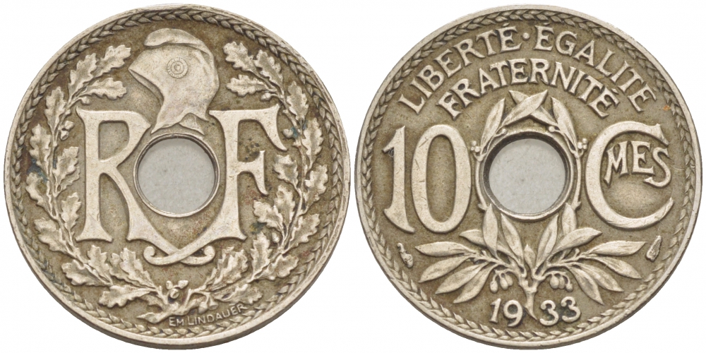 ФРАНЦИЯ 10 САНТИМОВ 1933 ТИП ЛИНДАЙЁ KM 886а медно-никель 98-217