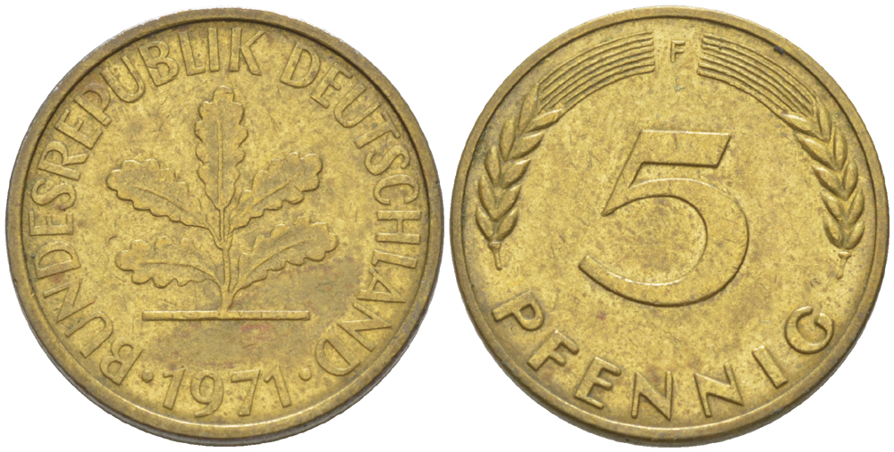 ФРГ 5 ПФЕННИГОВ 1971 F KM 107, J. 382 сталь плакированная латунью 4181-933