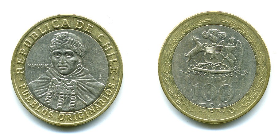 Чили 100 песо 2009 индейцы Мапуче KM 236 биметалл 29-827