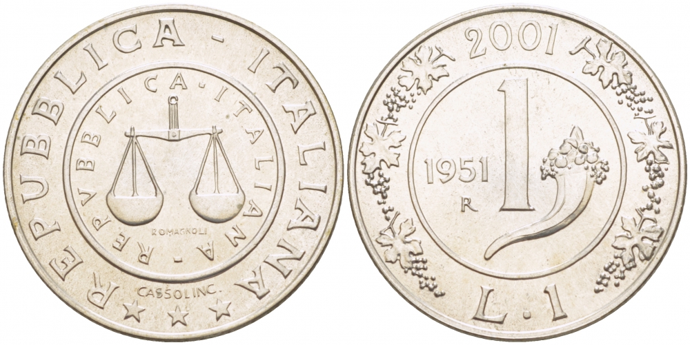 ИТАЛИЯ 1 ЛИРА 2001 РОГ ИЗОБИЛИЯ KM 220 серебро UNC 1087-4-15