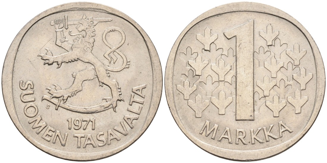 ФИНЛЯНДИЯ 1 МАРКА 1971 S KM 49a медно-никель 4563-513