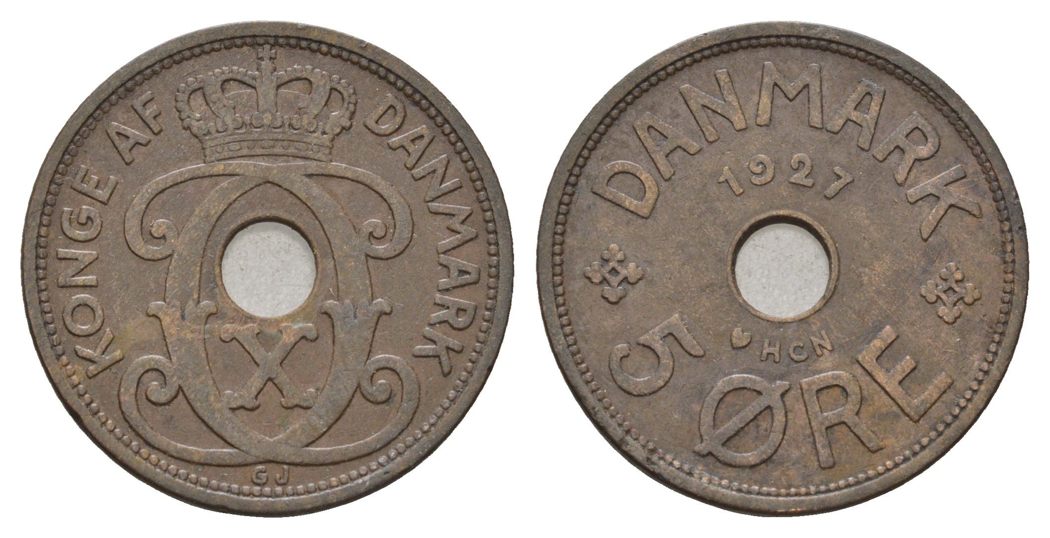 Дания 5 эре 1927 NCH, Кристиан X (1912-1947) KM 828 бронза 4700-757