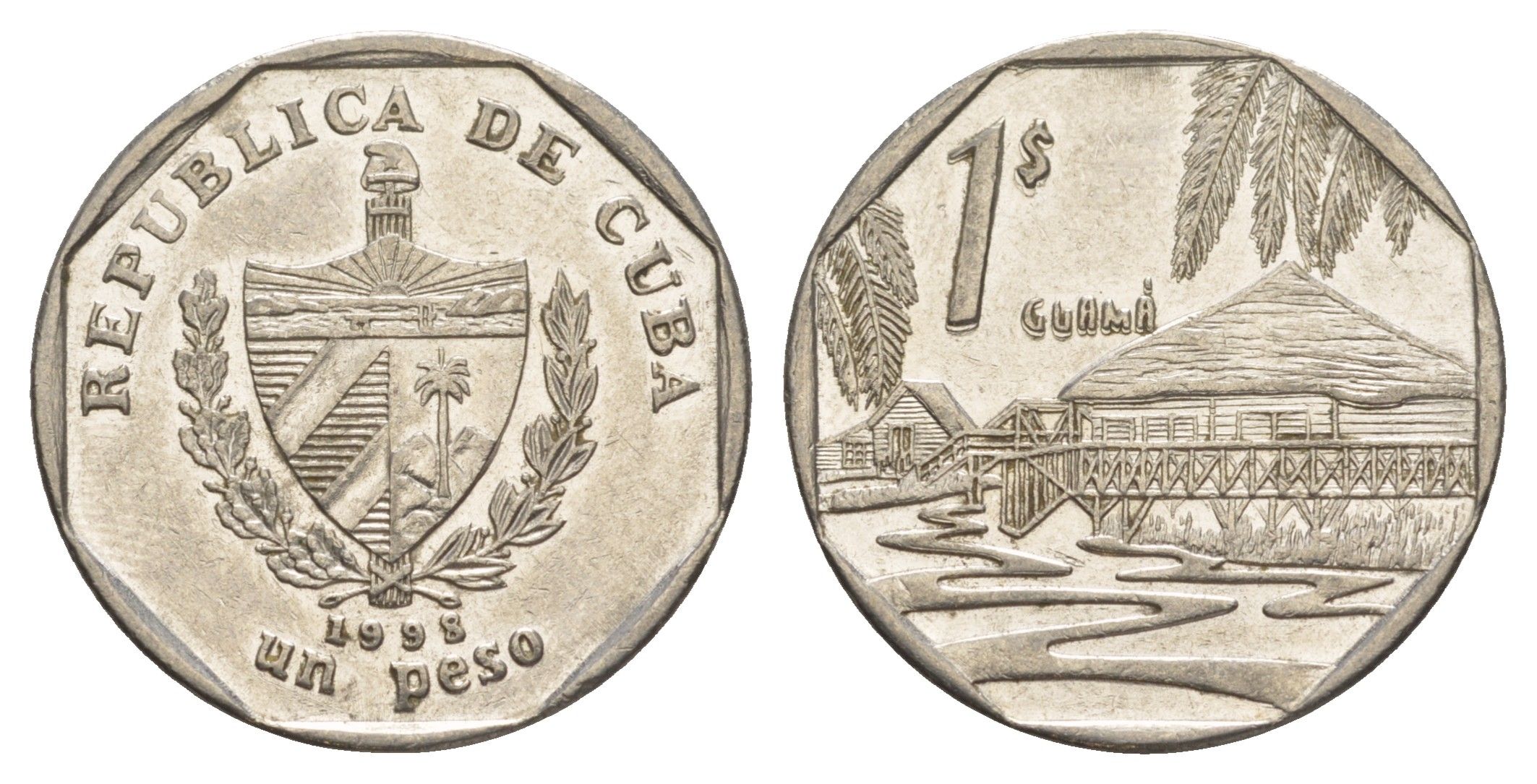 Куба 1 песо 1998 хижины Гуама KM 579 сталь плакированная никелем 4646-443