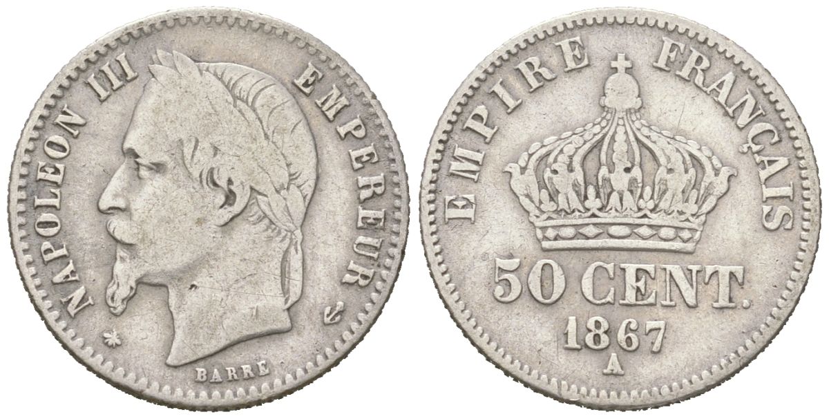 Франция 50 сантимов 1867 A, Наполеон III (1852-1870) KM 814.1 серебро 4617-748