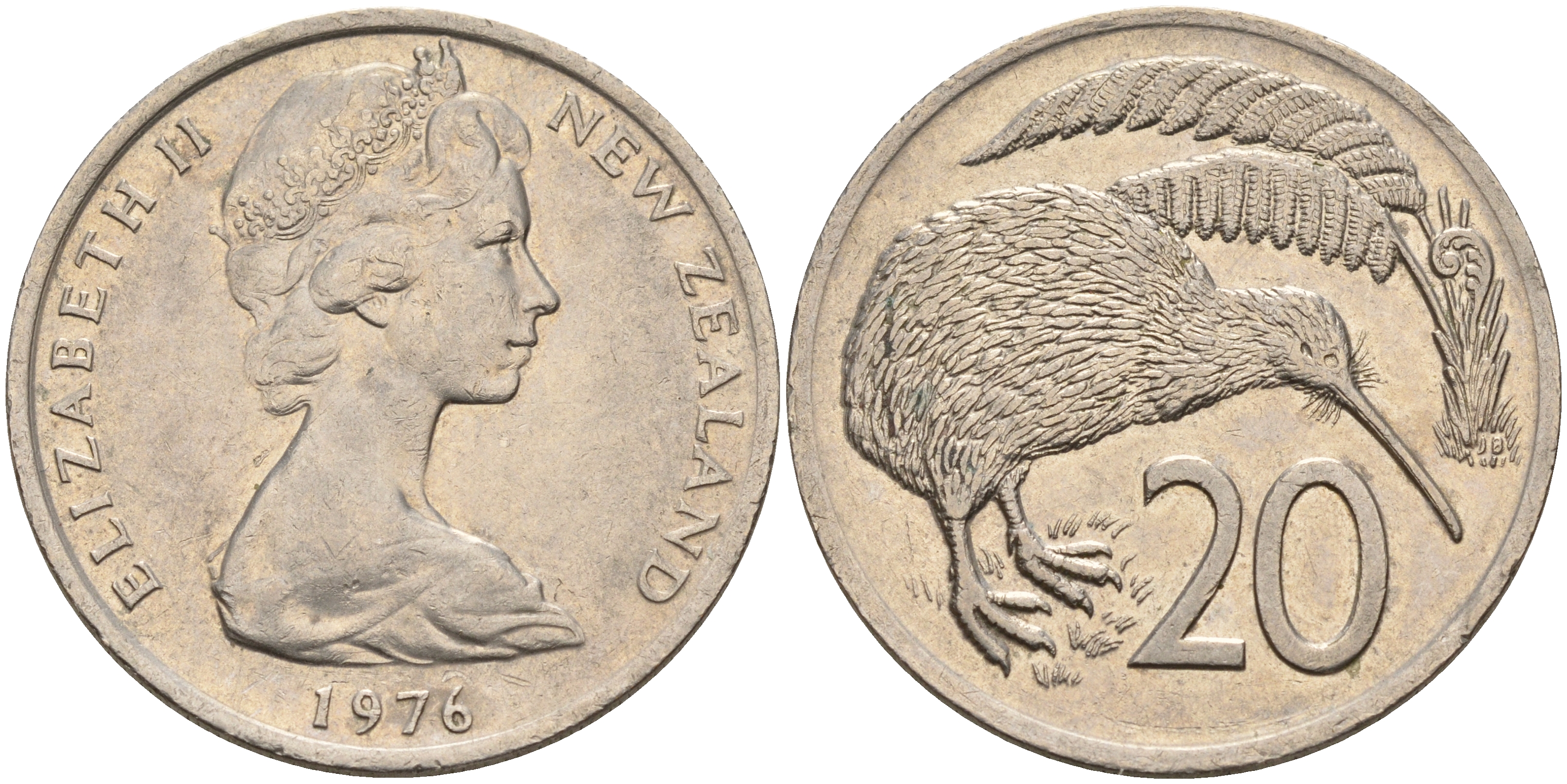 Новая Зеландия 20 центов 1976 Елизавета II (1952-2022), птичка киви KM 36.1 медно-никель 4599-1016