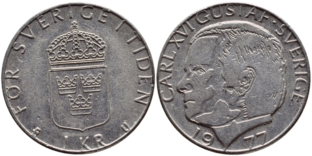 Швеция 1 крона 1977 Карл XVI Густав (1973- ) KM 852 медь плакированная медно-никелем 4397-833
