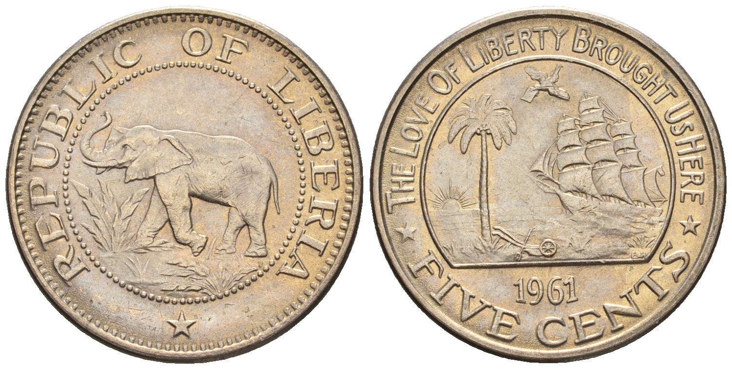 Либерия 5 центов 1961  KM 14 медно-никель  aUNC  220-1239