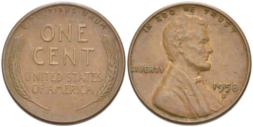 США 1 ЦЕНТ 1958 D, ЛИНКОЛЬН KM А132 медь цинк 218-322