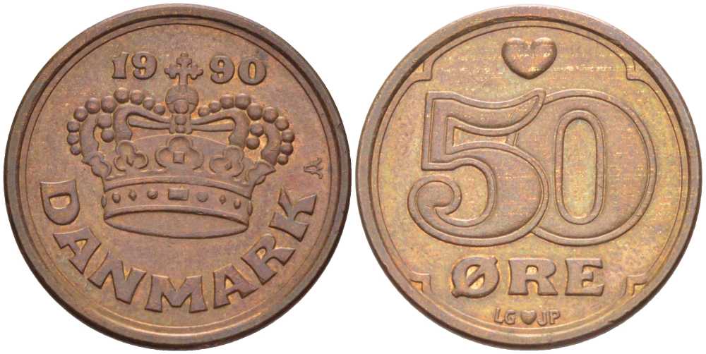 Дания 50 эре 1990 Маргрете II (1972- ) KM 866.2 бронза 202-754