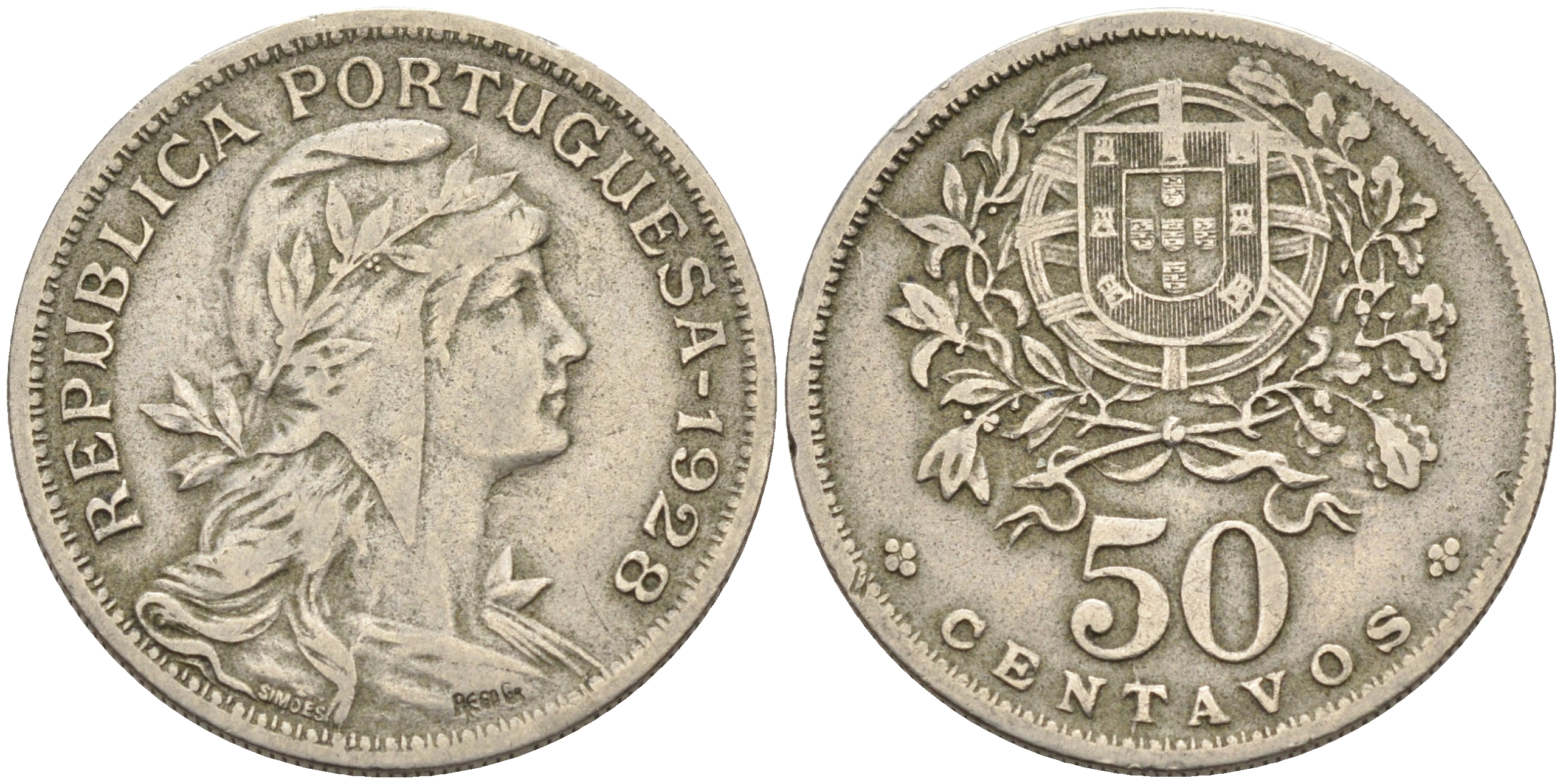 Португалия 50 сентаво 1928 KM 577 медно-никель 4563-844