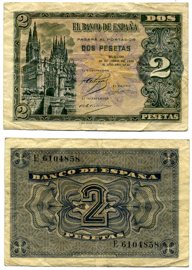 Испания 2 песеты 1938 30 апреля 1938 Pick 105а бумага 8613-62-2-2