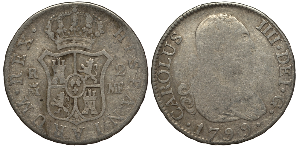 Испания 2 реала 1799 MF, мондвор (Мадрид), Карлос IIII (1788-1808) KM 430.1 (C69.1) серебро 650-935