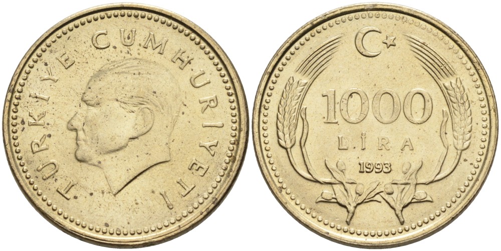 Турция 1000 лир 1993 Кемаль Ататюрк KM 997 медь никель цинк UNC 4561-137
