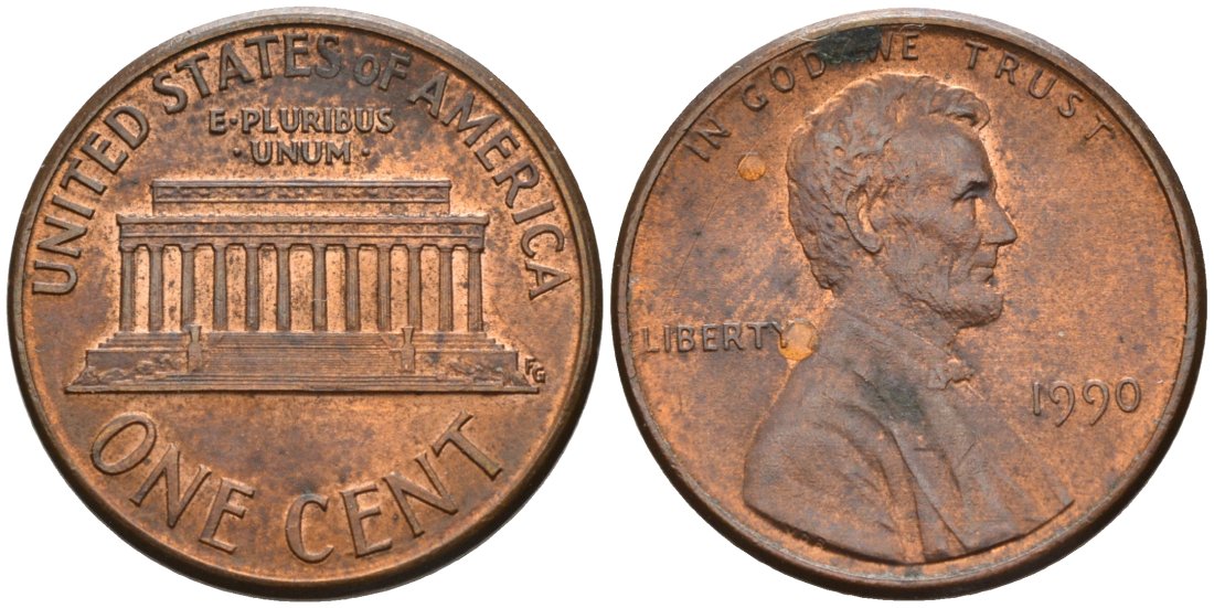 США 1 цент 1990 Линкольн КМ 201b цинк плакированный медью 4567-615