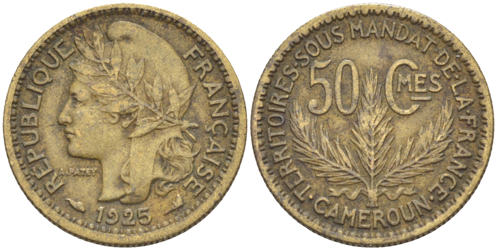 Французский Камерун 50 сантимов 1925 (а), монетный двор Париж KM 1 алюминиевая бронза 4608-949