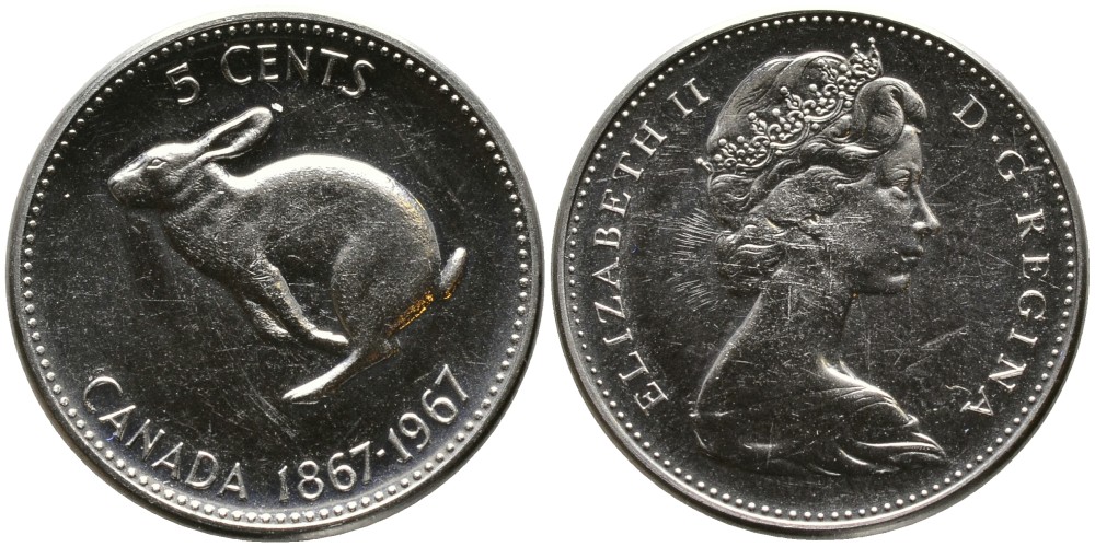 КАНАДА 5 ЦЕНТОВ 1967 100 ЛЕТ КОНФЕДЕРАЦИИ, ЕЛИЗАВЕТА II (1952-), ЗАЯЦ, ВТОРОЙ ПОРТРЕТ В КОРОНЕ KM 66 никель UNC 4543-625