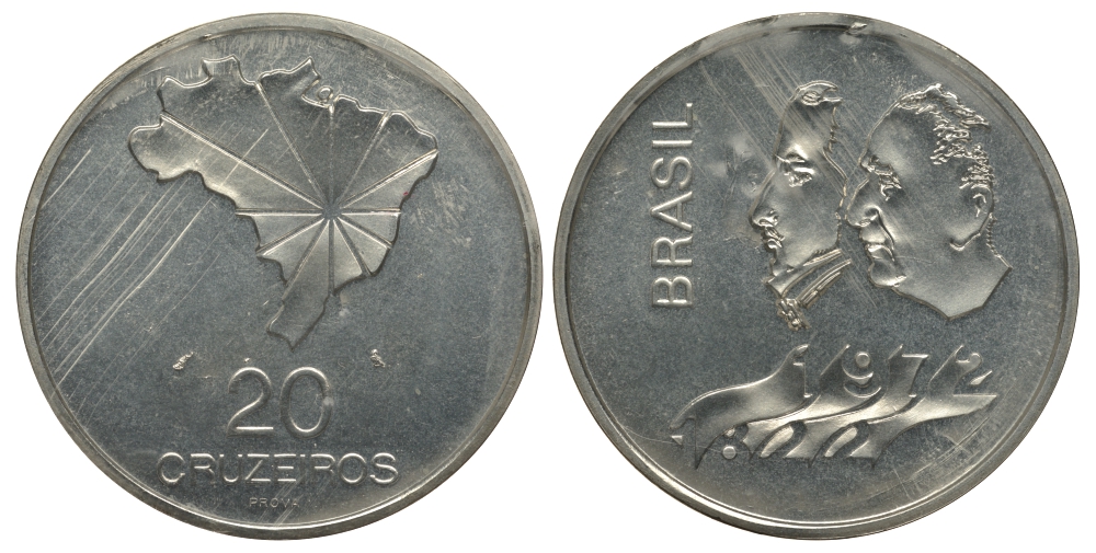 Бразилия 20 крузейро 1972 150 лет независимости, пробник KM Pr6 серебро 272-415