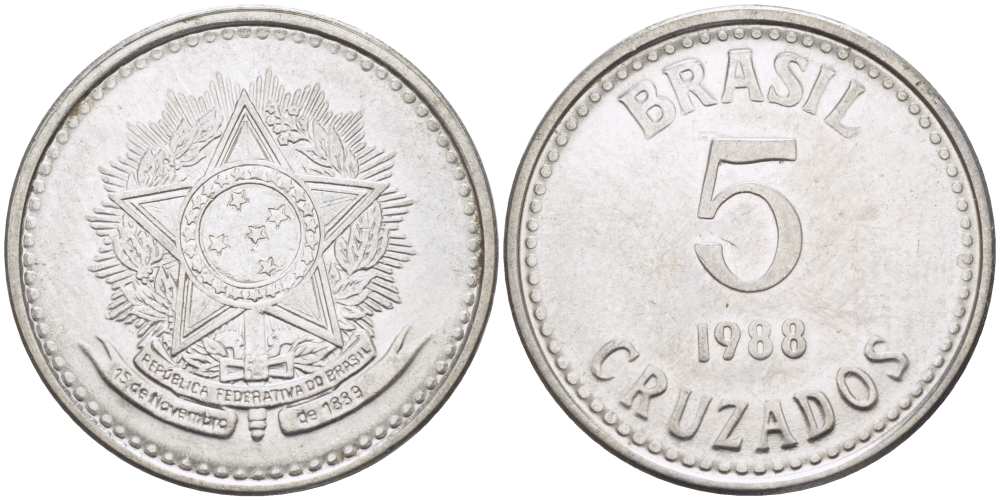 Бразилия 5 крузадо 1988 реформа 1986-1989 KM 606 нержавеющая сталь 67-655