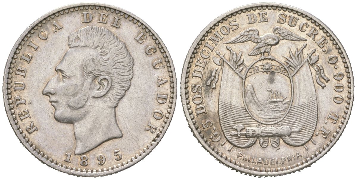 Эквадор 2 десимо = 20 сукре 1895 PHILADELPHIA KM 51 серебро 34-937